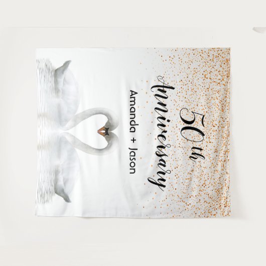 Gold 50e verjaardag witte zwanen uit liefde wandkleed (Voorkant (horizontaal))