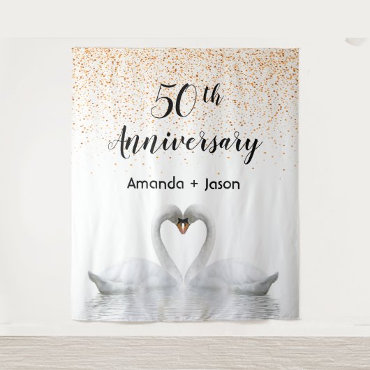 Gold 50e verjaardag witte zwanen uit liefde wandkleed (Voorkant)