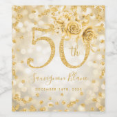 Gold 50th Birthday Floral Glam Lights Wijn Etiket (Enkel label)