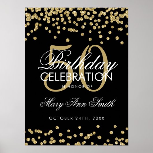 Gold 50th Birthday Glitter Confetti Black Poster (Voorkant)