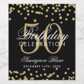 Gold 50th Birthday Glitter Confetti Black Wijn Etiket (Enkel label)