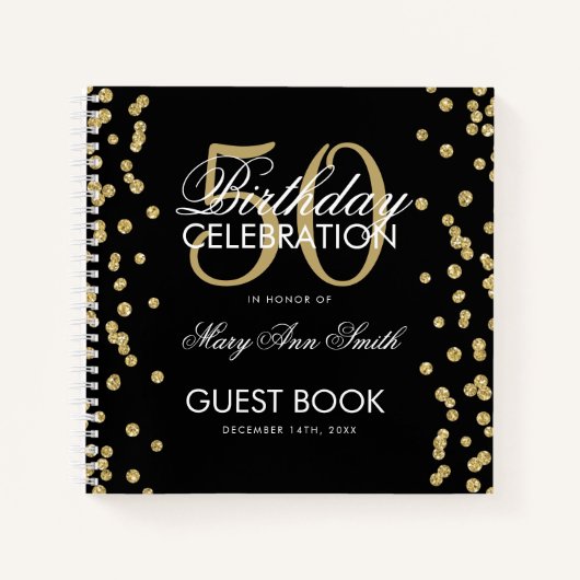 Gold 50th Birthday Guestbook Confetti Black Notitieboek (Voorkant)
