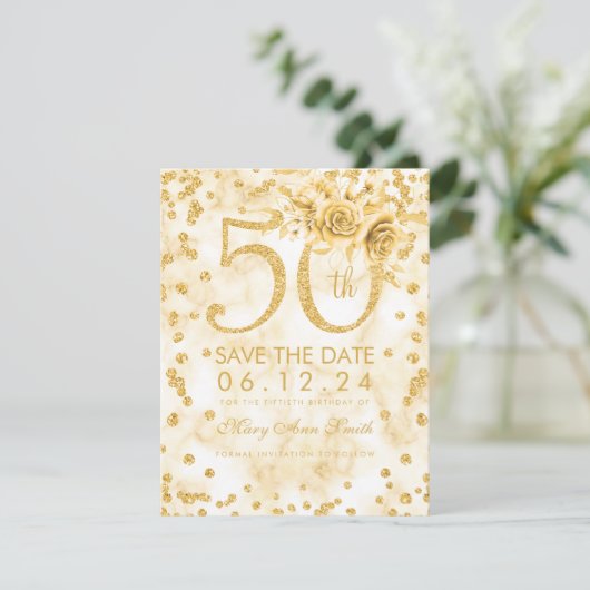 Gold 50th Birthday Modern Marble Save the Date (Staand voorkant)
