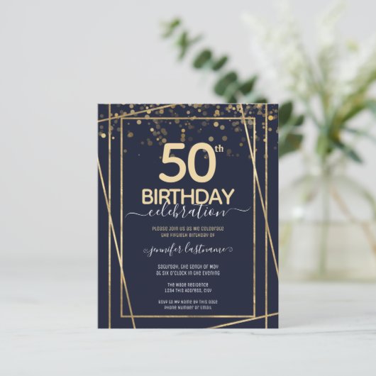 Gold 50th Birthday Party Budget Invitation (Staand voorkant)