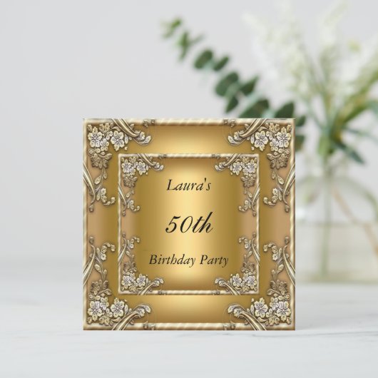 Gold 50th Birthday Party Invitation Gold Kaart (Staand voorkant)
