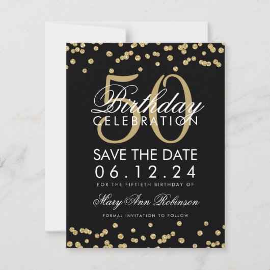 Gold 50th Birthday Save Date Confetti Black Save The Date (Voorkant)