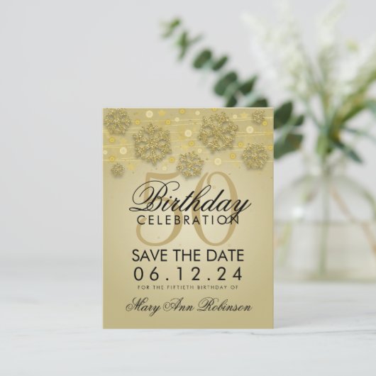 Gold 50th Birthday Save Date Winter Save The Date (Staand voorkant)