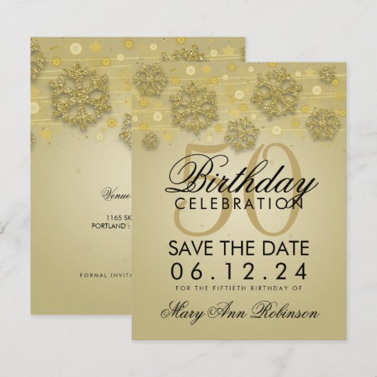 Gold 50th Birthday Save Date Winter Save The Date (Voorkant / Achterkant)
