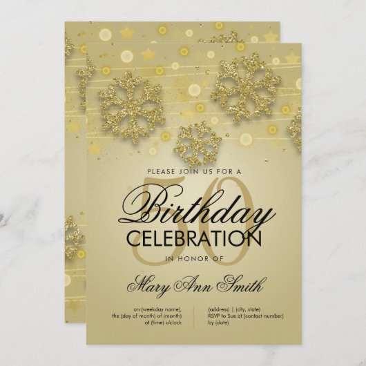 Gold 50th Birthday Winter Glitter Glam Kaart (Voorkant / Achterkant)