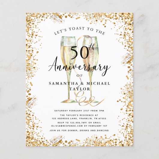 Gold 50th Budget Wedding Jubileum Invitation (Voorkant)