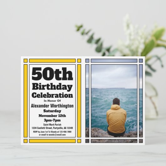 Gold 50th Photo Birthday Invitation Kaart (Staand voorkant)