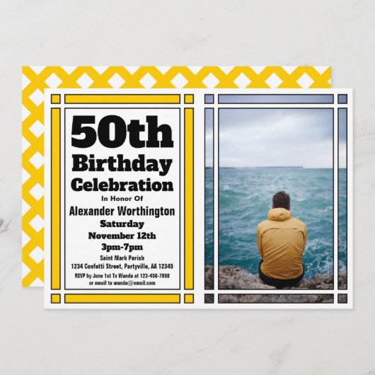 Gold 50th Photo Birthday Invitation Kaart (Voorkant / Achterkant)
