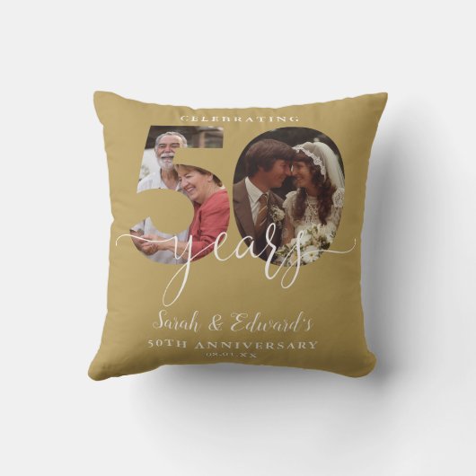 Gold 50th Wedding Jubileum 2 Foto Kussen (Achterkant)