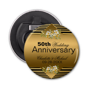 Gold 50th Wedding Jubileum Button Flesopener