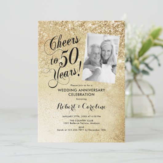 Gold 50th Wedding Jubileum Foto Kaart (Staand voorkant)