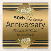 Gold 50th Wedding Jubileum Glass Onderzetter Glazen Onderzetter (Voorkant)