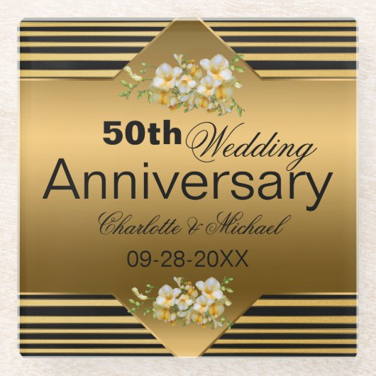 Gold 50th Wedding Jubileum Glass Onderzetter Glazen Onderzetter (Voorkant)