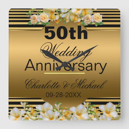 Gold 50th Wedding Jubileum Vierkante Klok (Voorkant)
