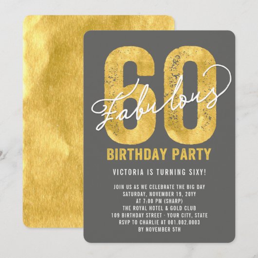 Gold 60th and Fabulous 60th Birthday Party Invite Kaart (Voorkant / Achterkant)