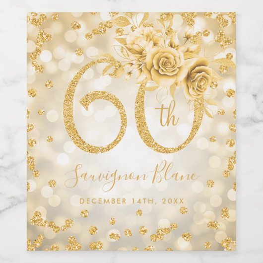Gold 60th Birthday Floral Glam Lights Wijn Etiket (Enkel label)