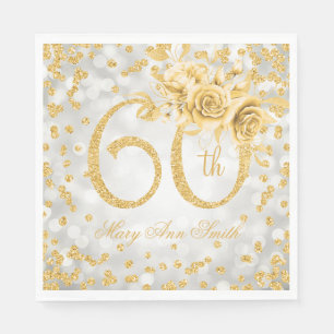 Gold 60th Birthday Floral Silver Glam Lights Servet