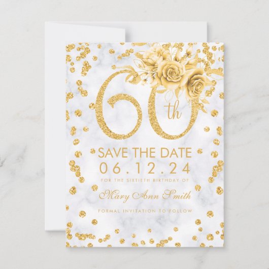 Gold 60th Birthday Glam Marble Save The Date (Voorkant)