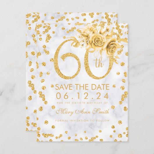Gold 60th Birthday Glam Marble Save The Date (Voorkant / Achterkant)