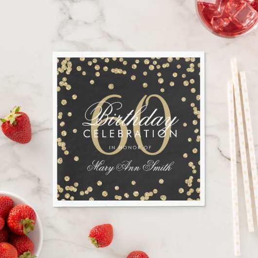 Gold 60th Birthday Glitter Confetti Black Servet (Insitu)