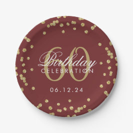 Gold 60th Birthday Glitter Confetti Burgundy Papieren Bordje