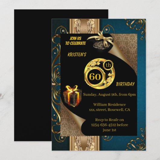 Gold 60th Birthday Invitation Kaart (Voorkant / Achterkant)