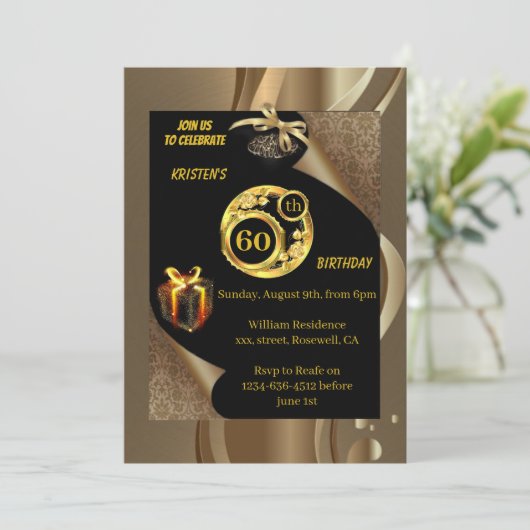 Gold 60th Birthday Invitation Kaart (Staand voorkant)