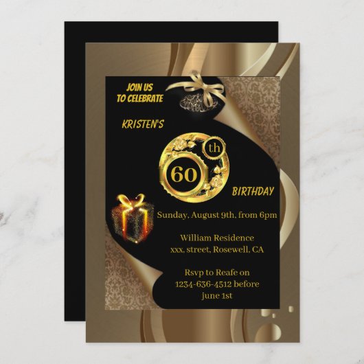 Gold 60th Birthday Invitation Kaart (Voorkant / Achterkant)