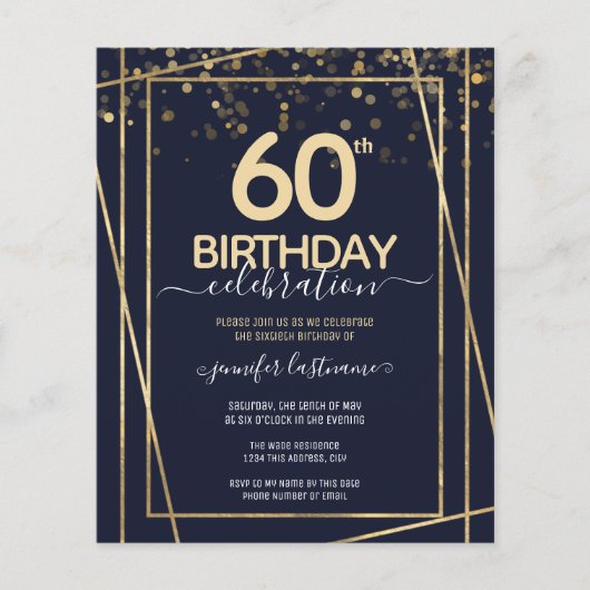 Gold 60th Birthday Party Budget Invitation (Voorkant)