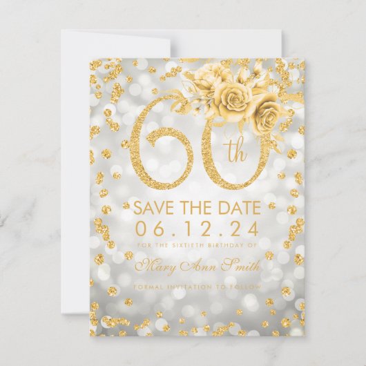 Gold 60th Birthday Silver Glam Lights Save The Date (Voorkant)