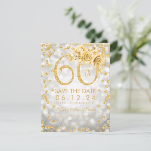 Gold 60th Birthday Silver Glam Lights Save The Date (Staand voorkant)