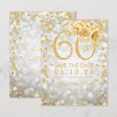 Gold 60th Birthday Silver Glam Lights Save The Date (Voorkant / Achterkant)