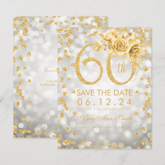 Gold 60th Birthday Silver Glam Lights Save The Date (Voorkant / Achterkant)