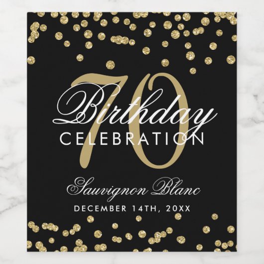 Gold 70th Birthday Glitter Confetti Black Wijn Etiket (Enkel label)