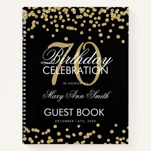 Gold 70th Birthday Guestbook Confetti Black Notitieboek (Voorkant)