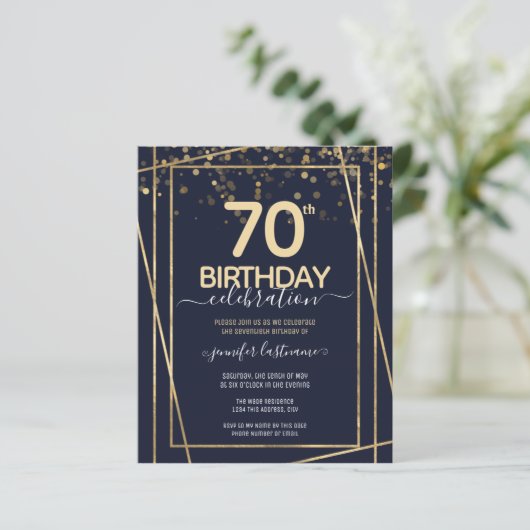 Gold 70th Birthday Party Budget Invitation (Staand voorkant)