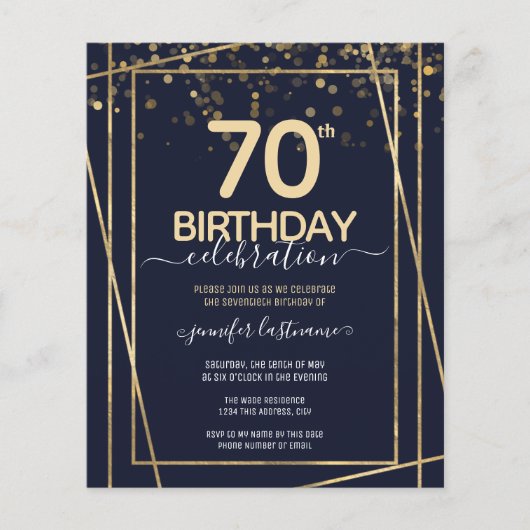 Gold 70th Birthday Party Budget Invitation (Voorkant)