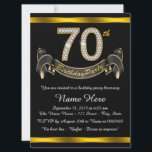 Gold 70th Birthday Party Kaart<br><div class="desc">Elegante gouden en diamanten nummers en banner zwart en goud 70e verjaardag uitnodiging. Deze prachtige zwarte en gouden 70e verjaardagsfeestuitnodiging is eenvoudig aan te passen voor uw evenement. Dit opvallende ontwerp werkt goed voor een man of vrouw.</div>
