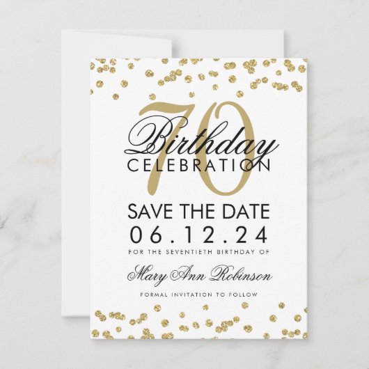 Gold 70th Birthday Save Date Confetti Save The Date (Voorkant)