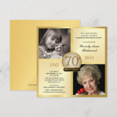 Gold 70th Birthday-uitnodigingen en nu 2 foto's Kaart (Voorkant / Achterkant)