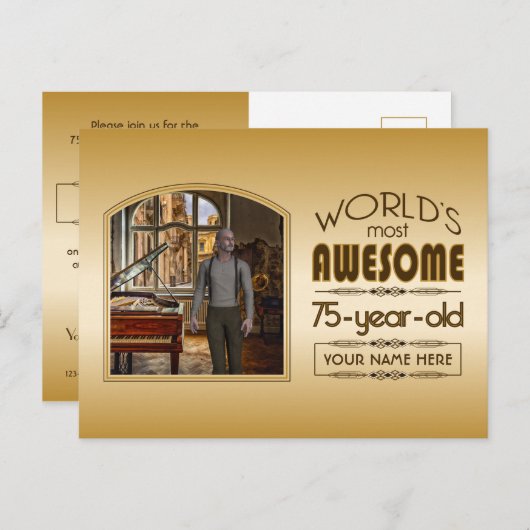 Gold 75th Birthday World's Best Custom Photo Lijst Uitnodiging Briefkaart (Voorkant / Achterkant)