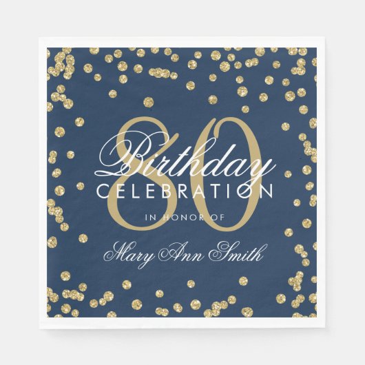 Gold 80th Birthday Glitter Confetti Navy Blue Servet (Voorkant)