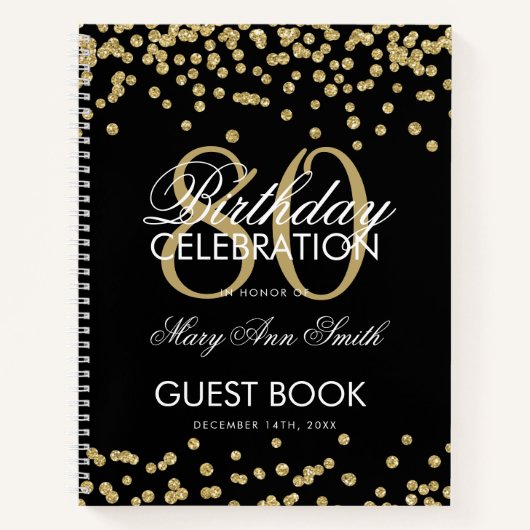 Gold 80th Birthday Guestbook Confetti Black Notitieboek (Voorkant)