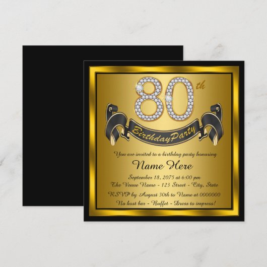 Gold 80th Birthday Party Kaart (Voorkant / Achterkant)