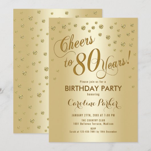 Gold 80th Birthday Party Kaart (Voorkant / Achterkant)