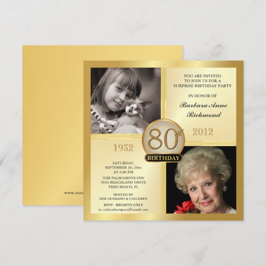 Gold 80th Birthday uitnodigingen toen & nu 2 foto' (Voorkant / Achterkant)